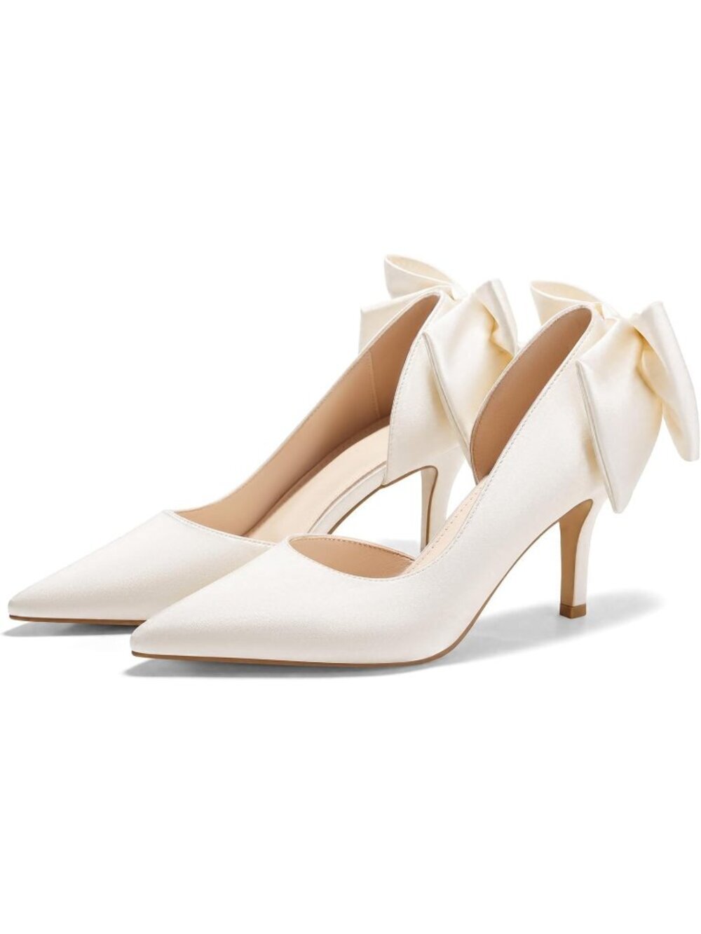 Women's Beige Bow Stiletto Satin Closed Pointed Toe Slip On Wedding Dress Shoes